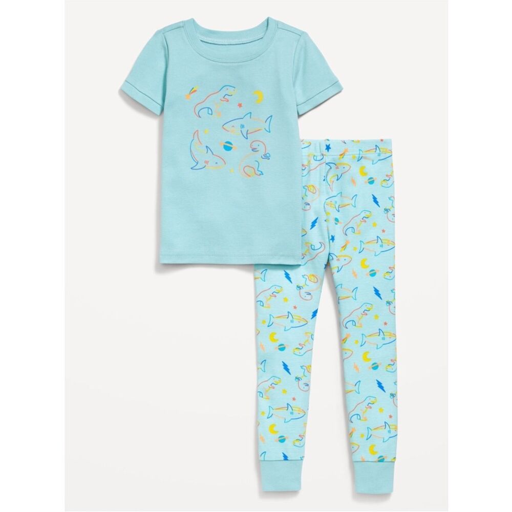 Old Navy Snug fit cotton 2 piece dinosaur shark print knit cotton pajama set NWT